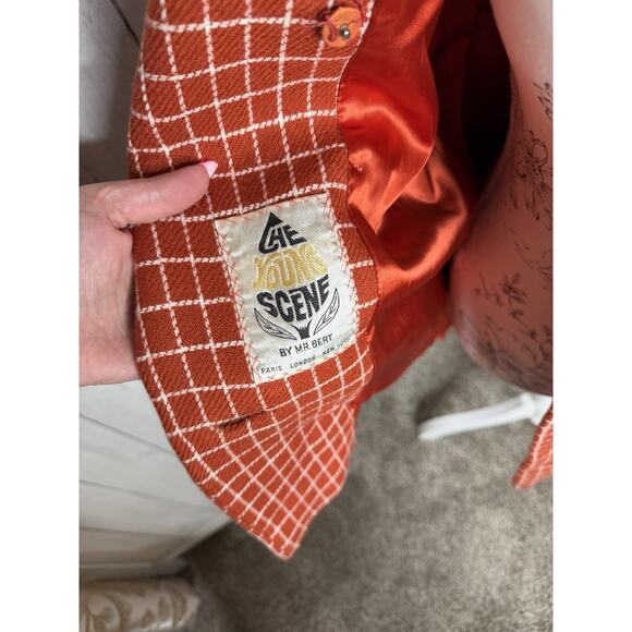 Vintage Wool Peacoat Orange White Checkered 60s 70s Union Made Size Medium - Picture 5 of 10